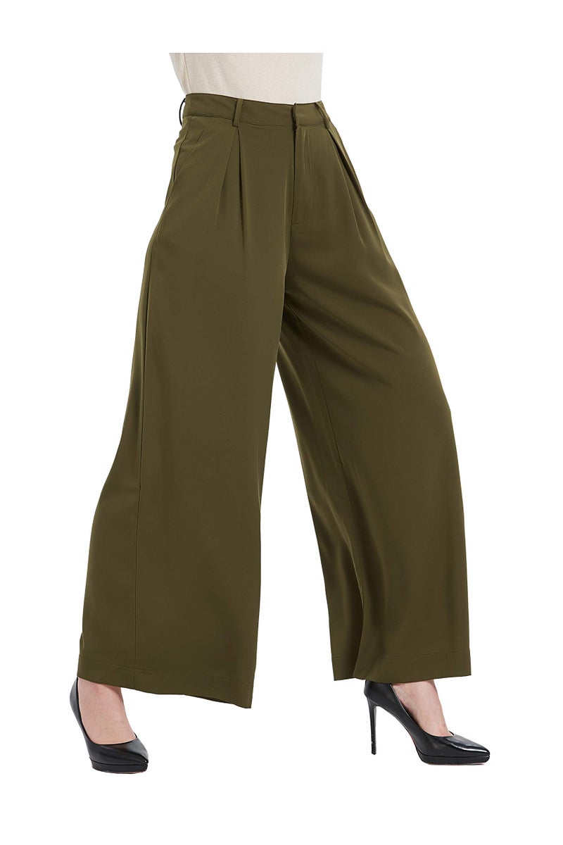 Tronjori Women High Waist Casual Wide Leg Long Palazzo Pants Trousers Regular Size(L,Olive) - Image 1